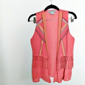 Flying Tomato Coral Embroidered Fringe Open Front Vest Size Medium